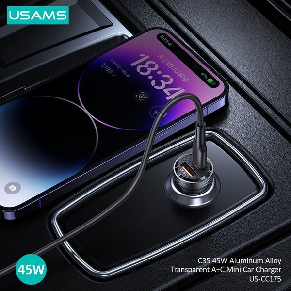 Tẩu Sạc Dành Cho Ô Tô USAMS CC175 C35 45W (Transparent, USB-A + Type-C, with Light)