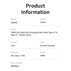 Cáp sạc nhanh USAMS SJ744 Type-C To Type-C 100W Zinc Alloy Meteor Series