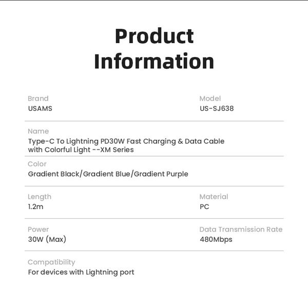 Cáp sạc nhanh USAMS SJ638 Type-C To Lightning PD30W XM Series