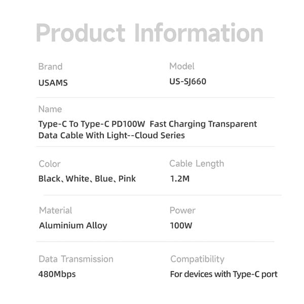 Cáp sạc nhanh USAMS SJ660 Type-C To Type-C PD100W Cloud Series