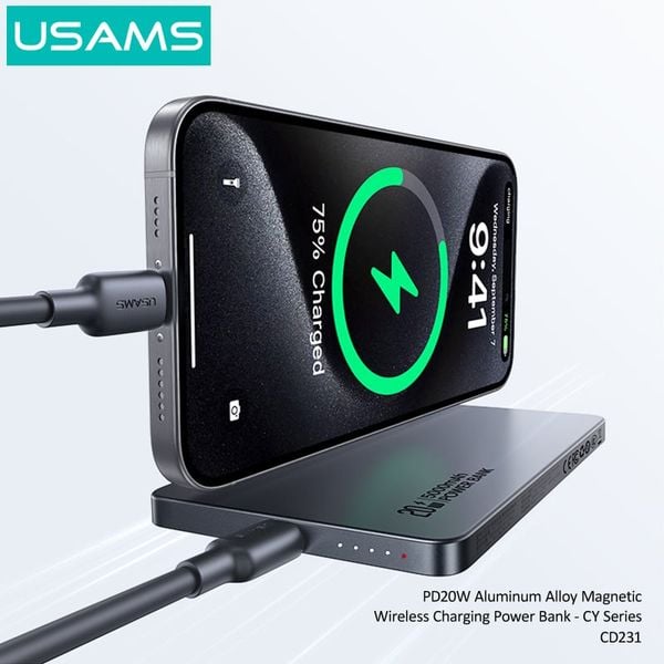 Pin Sạc Dự Phòng Không Dây Siêu Mỏng USAMS CD231 5000mAh 20W (15W Wireless Charging)