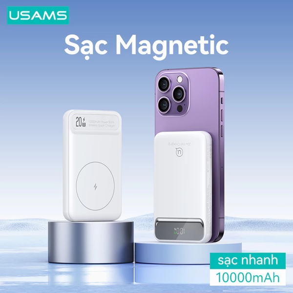 Pin Dự Phòng Không Dây MagSafe USAMS CD214 PB72 10000mAh 20W (QC3.0, Dual Port, Digital Display)