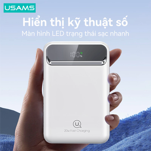 Pin Dự Phòng Không Dây MagSafe USAMS CD214 PB72 10000mAh 20W (QC3.0, Dual Port, Digital Display)
