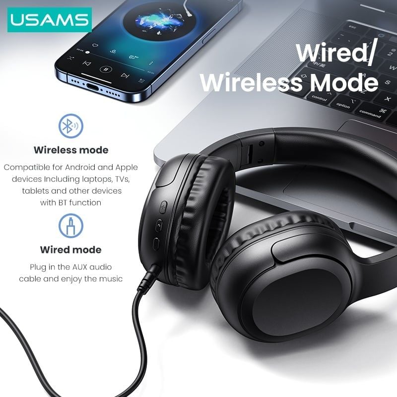 Tai Nghe Chụp Tai USAMS YG23 (Bluetooth v5.3, 300mAh, 40hrs, 3D Stereo Sound, HD calls, thumping bass, customized 3D stereo sound, immersive music listening)