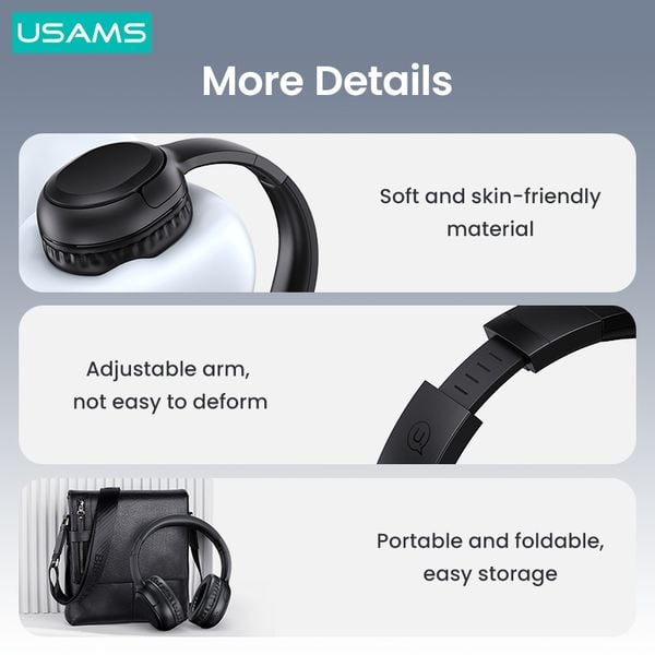 Tai Nghe Chụp Tai USAMS YG23 (Bluetooth v5.3, 300mAh, 40hrs, 3D Stereo Sound, HD calls, thumping bass, customized 3D stereo sound, immersive music listening)