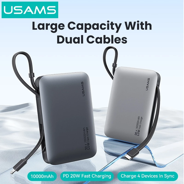 Pin Dự Phòng USAMS CD228 10000mAh 20W (Digital Display, Kèm Cáp Type-C + Lightning, 3C Certification)