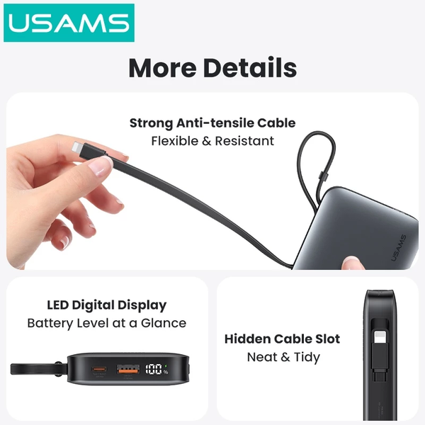 Pin Dự Phòng USAMS CD228 10000mAh 20W (Digital Display, Kèm Cáp Type-C + Lightning, 3C Certification)