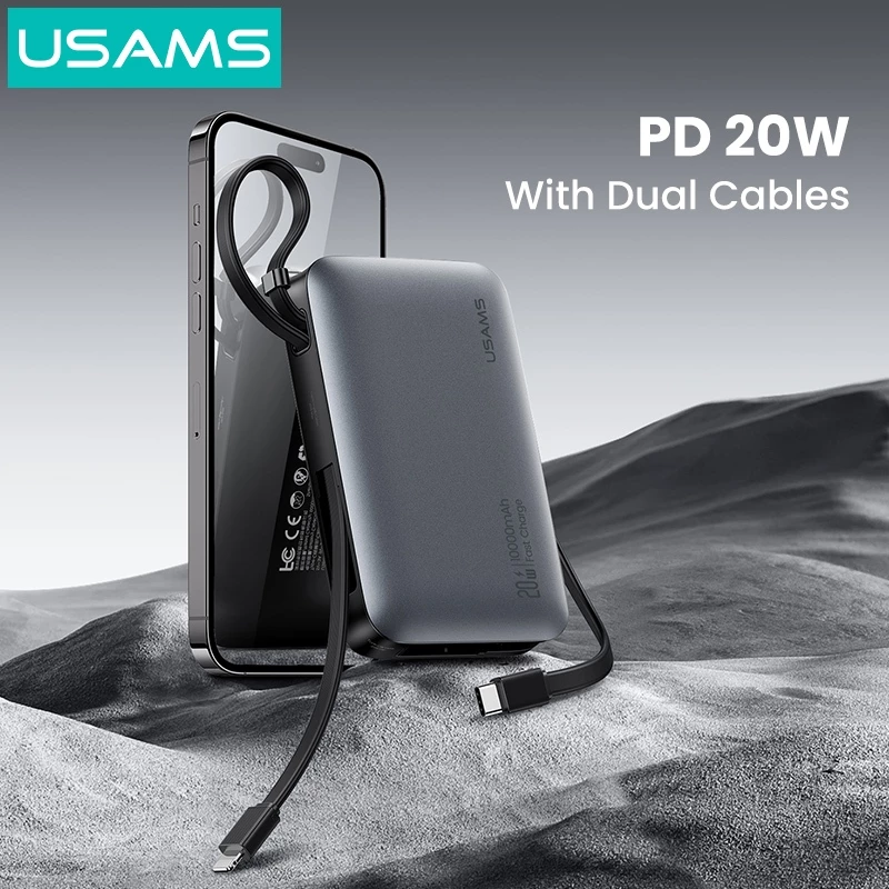 Pin Dự Phòng USAMS CD228 10000mAh 20W (Digital Display, Kèm Cáp Type-C + Lightning)