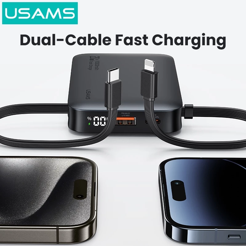 Pin Dự Phòng USAMS CD228 10000mAh 20W (Digital Display, Kèm Cáp Type-C + Lightning)