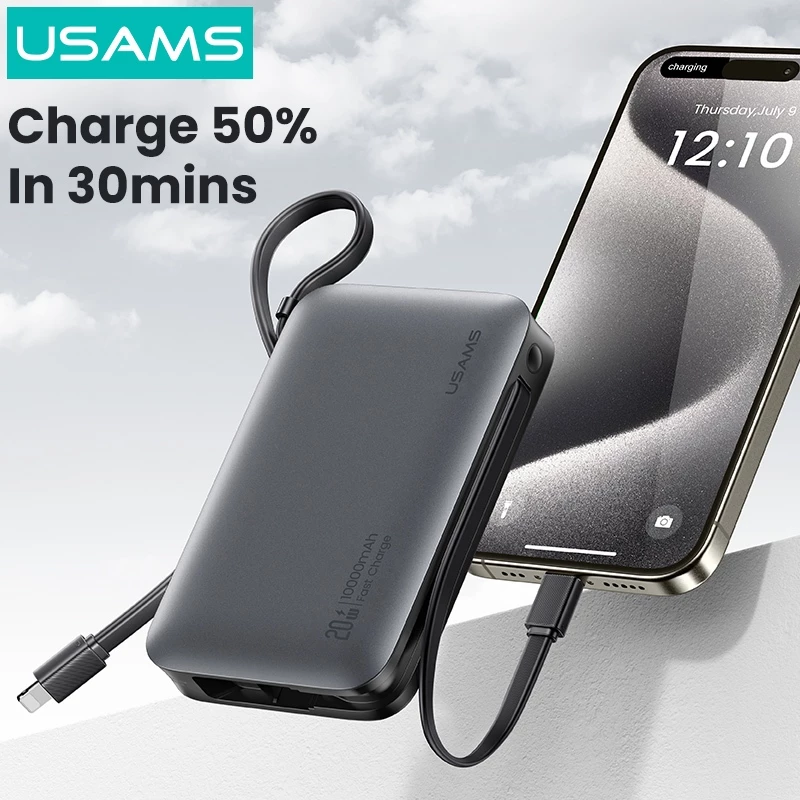 Pin Dự Phòng USAMS CD228 10000mAh 20W (Digital Display, Kèm Cáp Type-C + Lightning)