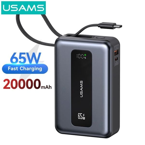 Pin Dự Phòng USAMS CD243 20000mAh 65W (Digital Display, 3-Port, With Built-in Type-C Cable, 3C Certification)
