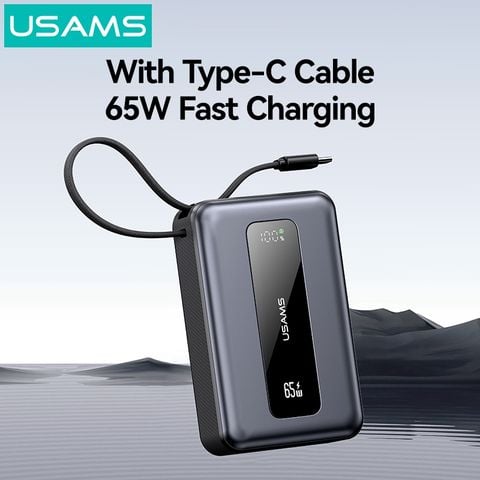 Pin Dự Phòng USAMS CD243 20000mAh 65W (Digital Display, 3-Port, With Built-in Type-C Cable, 3C Certification)