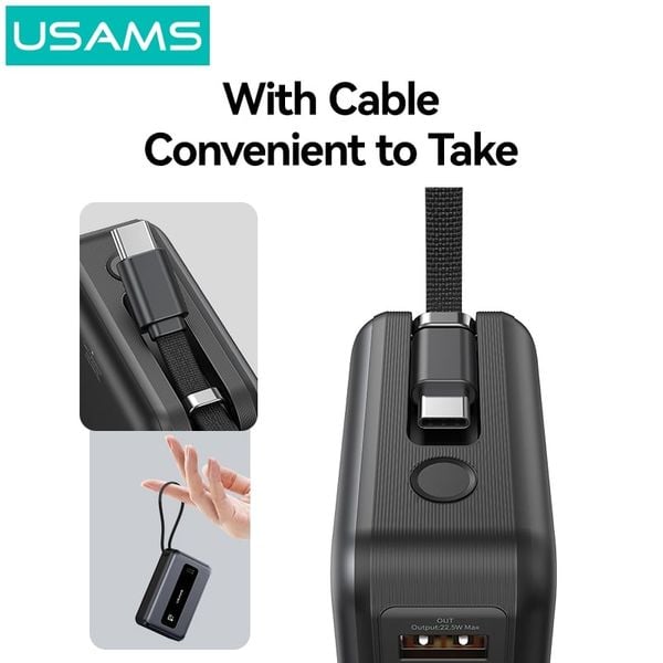 Pin Dự Phòng USAMS CD243 20000mAh 65W (Digital Display, 3-Port, With Built-in Type-C Cable, 3C Certification)