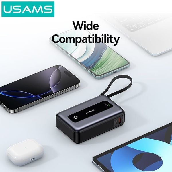 Pin Dự Phòng USAMS CD243 20000mAh 65W (Digital Display, 3-Port, With Built-in Type-C Cable, 3C Certification)