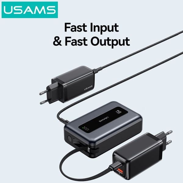 Pin Dự Phòng USAMS CD243 20000mAh 65W (Digital Display, 3-Port, With Built-in Type-C Cable, 3C Certification)