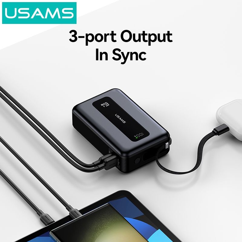 Pin Dự Phòng USAMS CD243 20000mAh 65W (Digital Display, 3-Port, With Built-in Type-C Cable)