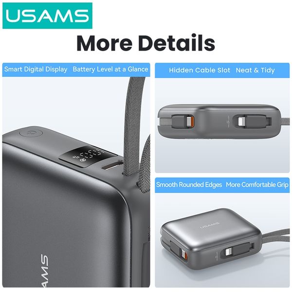 Pin Dự Phòng USAMS CD240 10000mAh 20W (Digital Display, With Dual Built-in C+Lightning Cable, 3C Certification)