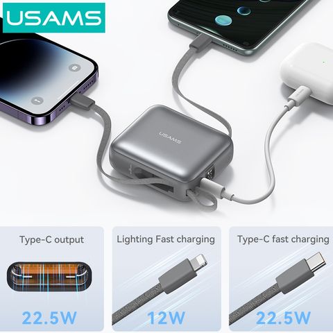 Pin Dự Phòng USAMS CD240 10000mAh 20W (Digital Display, With Dual Built-in C+Lightning Cable, 3C Certification)