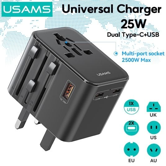 Củ Sạc Du Lịch 2C+1A USAMS CC309 25W (US/AU/UK/EU)