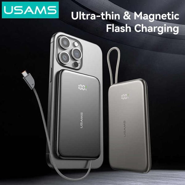 Pin Dự Phòng USAMS CD227 5000mAh 20W (Siêu Mỏng, Digital Display, Kèm Cáp C to C, Từ tính)