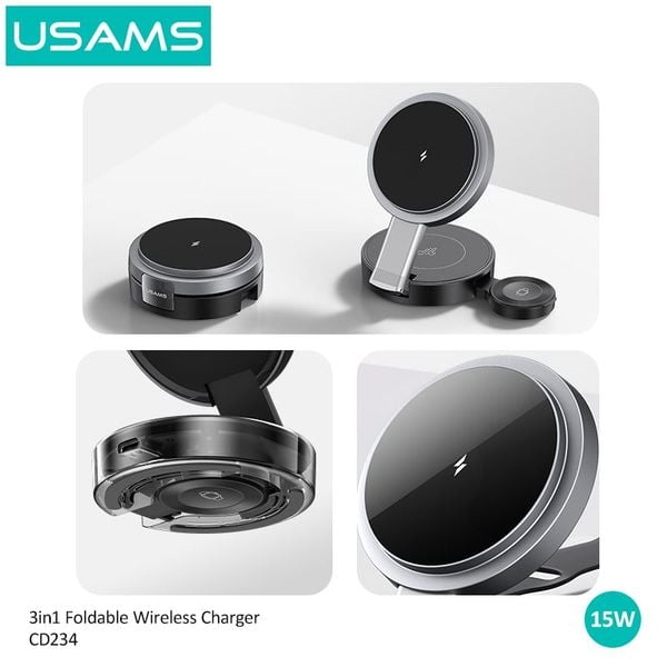 Đế Sạc Nhanh Không Dây USAMS CD234 15W 3 IN 1 Magnetic Wireless Charger Cho iPhone iWatch AirPods