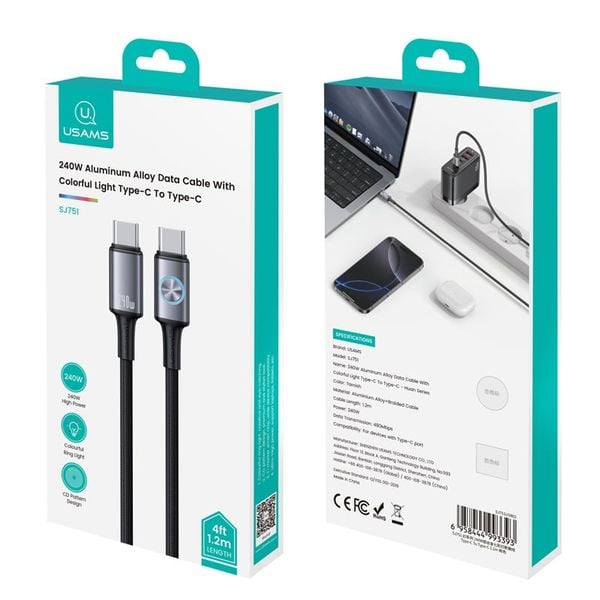 Cáp Sạc Nhanh C to C USAMS SJ751 240W (Colorful Light, 480Mbps, 1.2m)