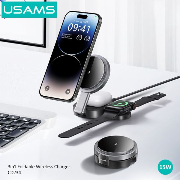 Đế Sạc Nhanh Không Dây USAMS CD234 15W 3 IN 1 Magnetic Wireless Charger Cho iPhone iWatch AirPods