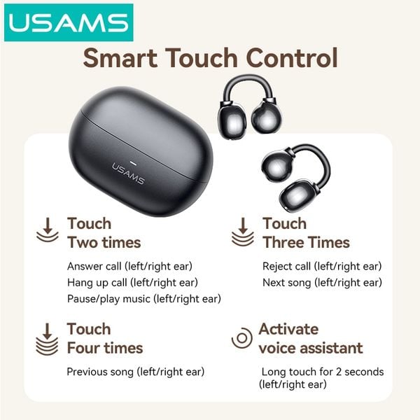 Tai Nghe Kẹp Tai Bluetooth TWS USAMS Echo R02 (Bluetooth v5.3, 7H, 11mm Speaker Diameter)