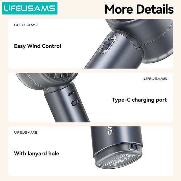 Quạt Cầm Tay USAMS LU03 4.7W (With lanyard hole, 100-Level Stepless Speed Adjustment, Smart Digital Display, 4000mAh, Supports 18W fast charging)