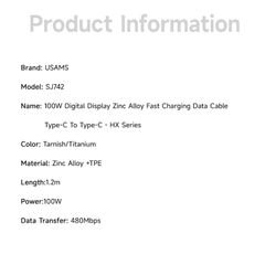 Cáp sạc nhanh USAMS SJ742 Type-C To Type-C 100W Digital Display Zinc Alloy HX Series