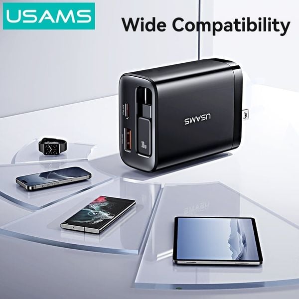 Củ Sạc Nhanh 2C+1A GaN USAMS CC297 30W (With Type-C Rectangle Built-in cable)