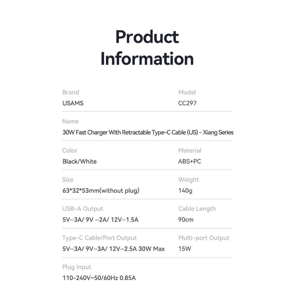 Củ Sạc Nhanh 2C+1A GaN USAMS CC297 30W (With Type-C Rectangle Built-in cable)