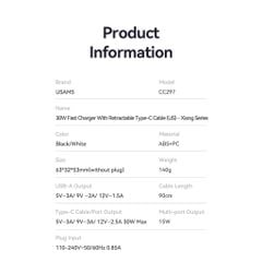 Củ Sạc Nhanh 2C+1A GaN USAMS CC297 30W (With Type-C Rectangle Built-in cable)