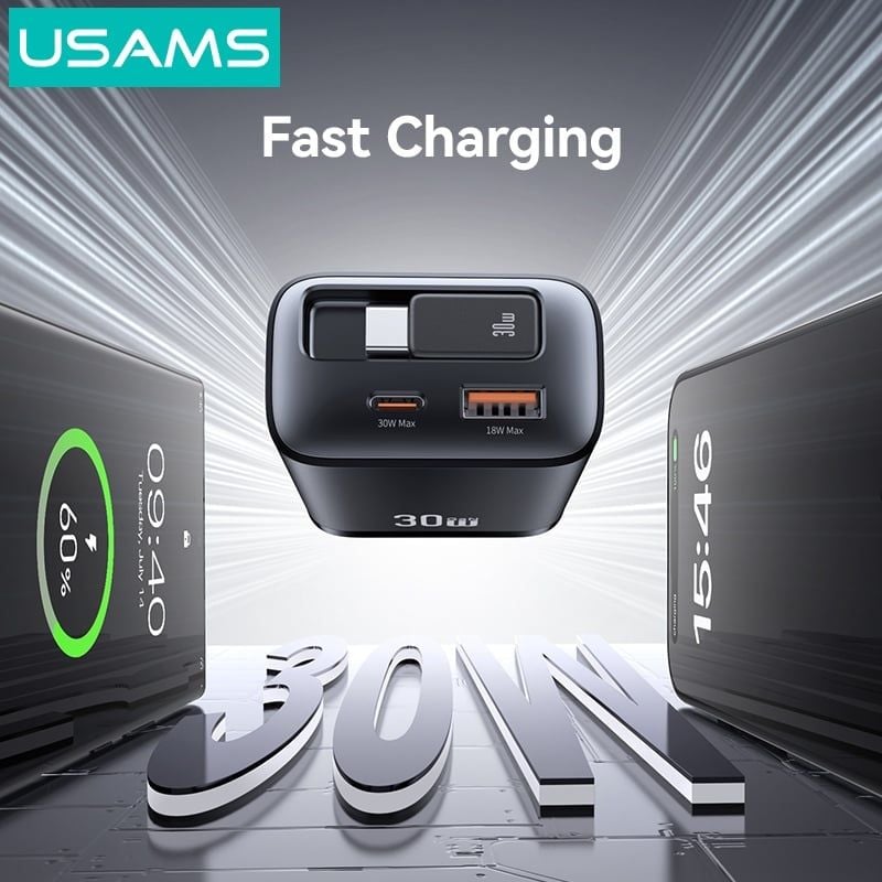 Củ Sạc Nhanh 2C+1A GaN USAMS CC297 30W (With Type-C Rectangle Built-in cable)