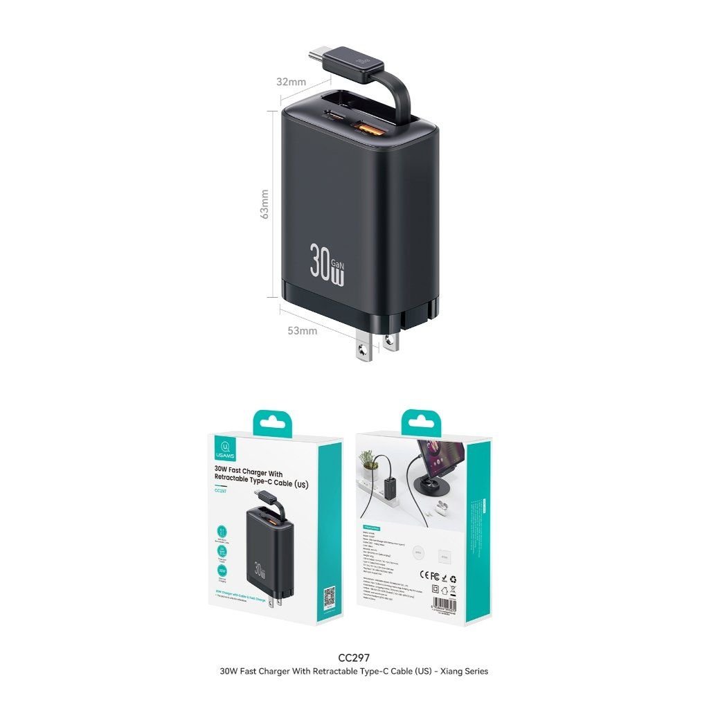 Củ Sạc Nhanh 2C+1A GaN USAMS CC297 30W (With Type-C Rectangle Built-in cable)