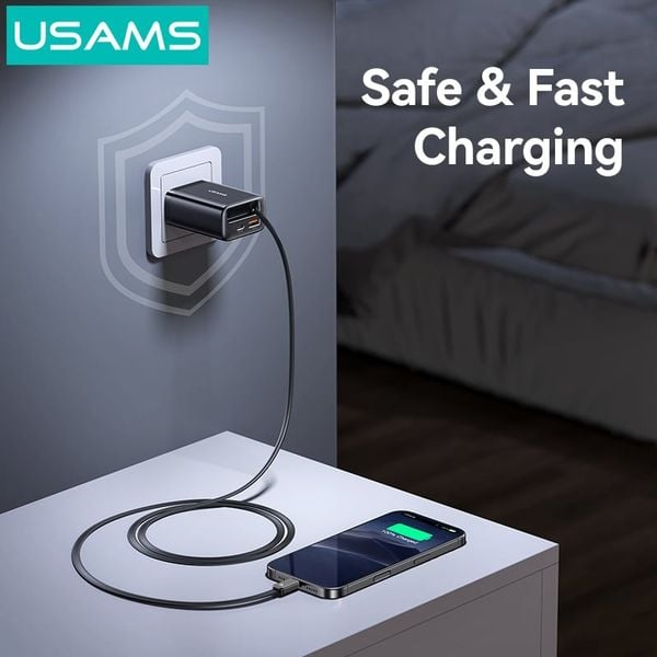 Củ Sạc Nhanh 2C+1A GaN USAMS CC297 30W (With Type-C Rectangle Built-in cable)