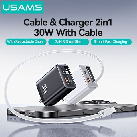 Củ Sạc Nhanh 2C+1A GaN USAMS CC297 30W (With Type-C Rectangle Built-in cable)