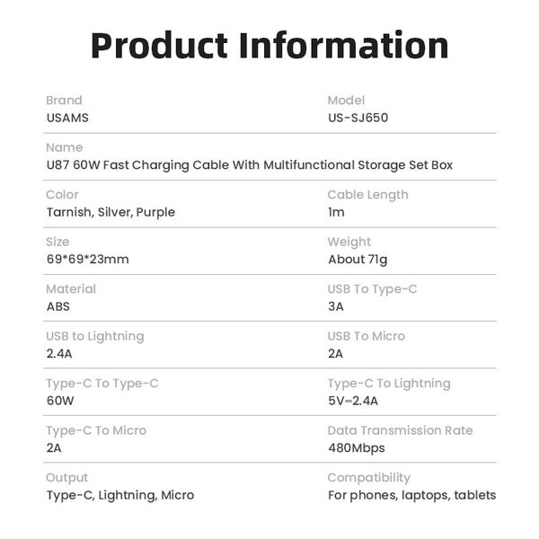 Cáp Sạc Dây Rút Đa Năng USAMS SJ650 U87 60W (Tích Hợp Bộ Đầu chuyển )