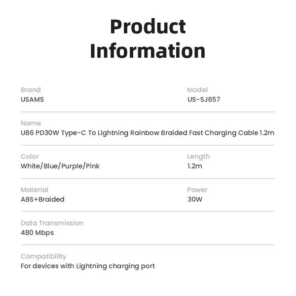 Cáp sạc nhanh USAMS SJ657 U86 PD30W Type-C To Lightning Rainbow Braided