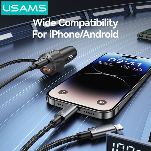 Tẩu Sạc Cho Ô Tô 2-in-1 USAMS CC287 66W (With Built-in C + Lightning 1.2m Cable)