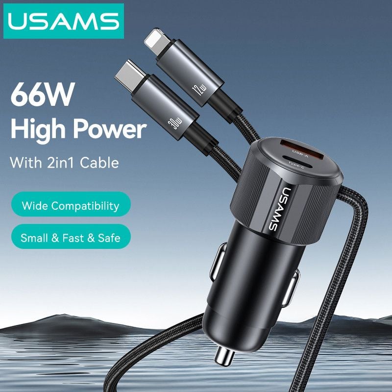 Tẩu Sạc Cho Ô Tô 2-in-1 USAMS CC287 66W (With Built-in C + Lightning 1.2m Cable)