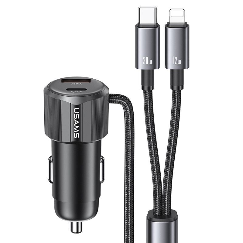 Tẩu Sạc Cho Ô Tô 2-in-1 USAMS CC287 66W (With Built-in C + Lightning 1.2m Cable)
