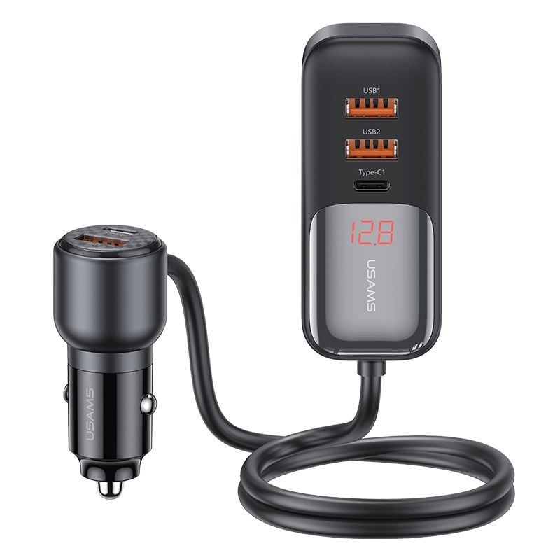 Tẩu Sạc Cho Ô Tô 2C + 3A USAMS CC213 C40 165W (Digital Display, QC, PD3.0, with 1.5m Data Cable)