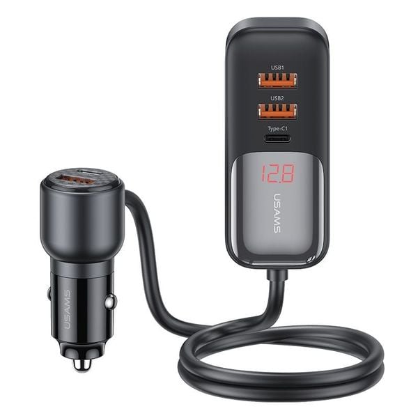 Tẩu Sạc Cho Ô Tô 2C + 3A USAMS CC213 C40 165W (Digital Display, QC, PD3.0, with 1.5m Data Cable)