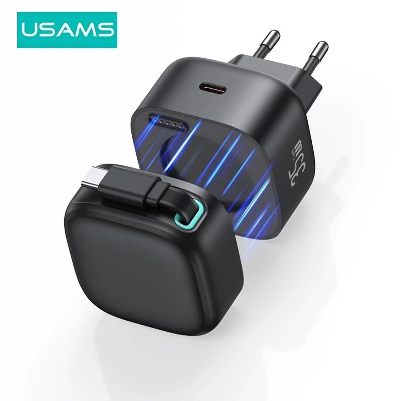 Củ Sạc Nhanh USAMS GaN Charger 35W Type C PD Fast Phone Charger Built in Quick Charge Cable
