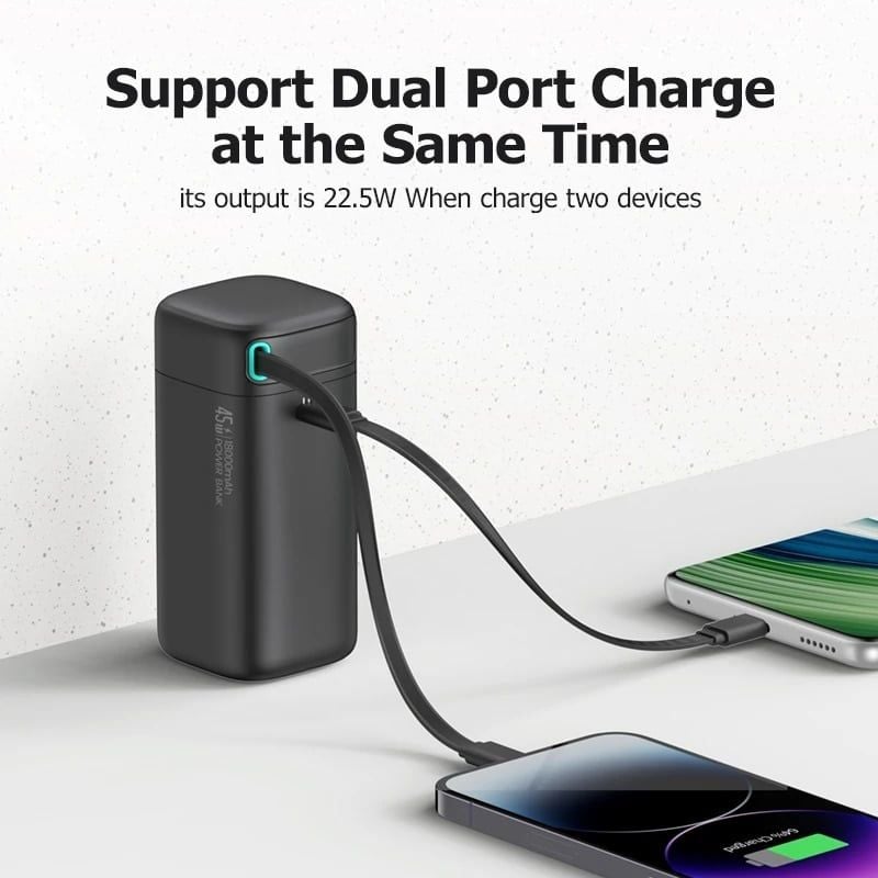 Pin Sạc Dự Phòng Tích Hợp Cáp Dây Rút Type-C/Lightning USAMS Magnetic CD216/CD217 18000mAh 45W