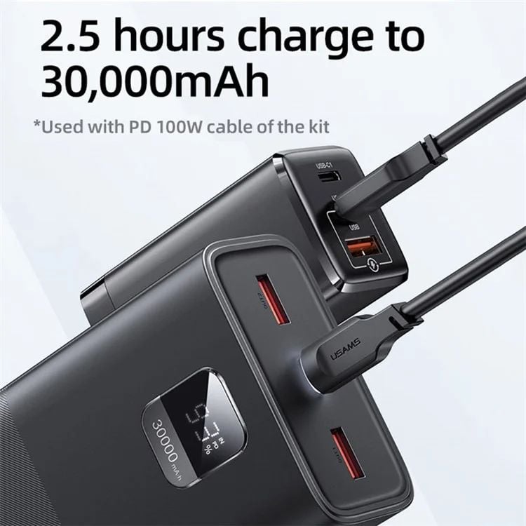 Pin Dự Phòng USAMS CD185 30000mAh 65W (Digital Display, Kèm cáp C to C 100W, PD/QC/FCP/AFC)
