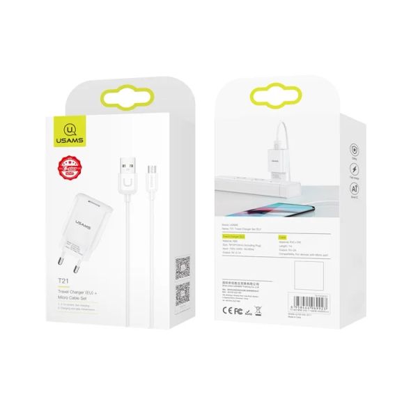 Combo củ cáp sạc USAMS T21 Travel Charger Set 2.1A Wall Phone Charger and Micro USB Cable (EU Plug)