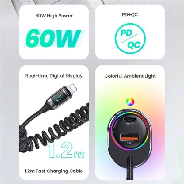 Tẩu Sạc Dành Cho Ô Tô USAMS CC193 C37 60W (Type-C + USB-A, with Lightning Cable 30W)