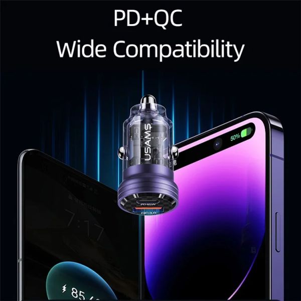 Tẩu Sạc Dành Cho Ô Tô USAMS CC175 C35 45W (Transparent, USB-A + Type-C, with Light)